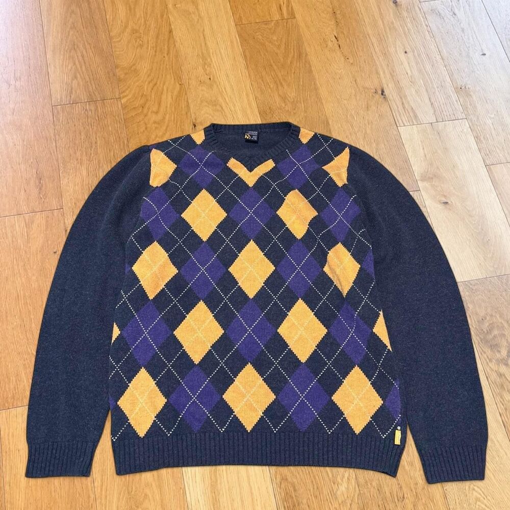 Vintage Y2K Nautica Jeans Company Argyle Knit Wool Sweater Navy Purple Yellow XL